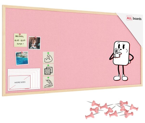Textilní (plstěná) tabule 120 × 60 cm, růžové, v lakovaném dřevěném rámu, TFPINK126P