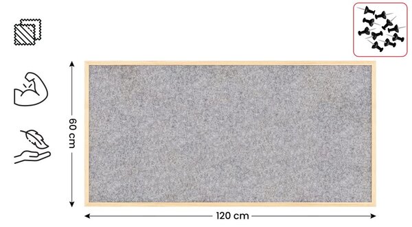 Textilní (plstěná) tabule 120 × 60 cm, světlé šedá, v lakovaném dřevěném rámu, TFLIGHTG126G