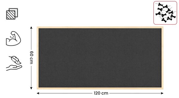 Textilní (plstěná) tabule 120 × 60 cm, šedá, v lakovaném dřevěném rámu, TFGREY126G