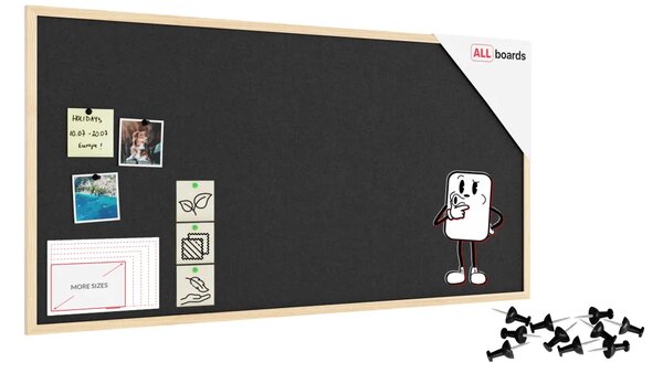 Textilní (plstěná) tabule 120 × 60 cm, šedá, v lakovaném dřevěném rámu, TFGREY126G