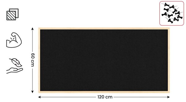 Textilní (plstěná) tabule 120 × 60 cm, černá, v lakovaném dřevěném rámu, TFBLACK126BK