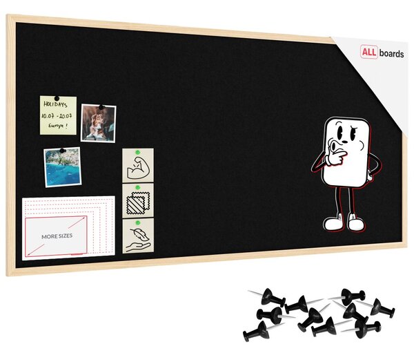Textilní (plstěná) tabule 120 × 60 cm, černá, v lakovaném dřevěném rámu, TFBLACK126BK
