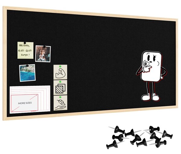 Textilní (plstěná) tabule 120 × 60 cm, černá, v lakovaném dřevěném rámu, TFBLACK126BK