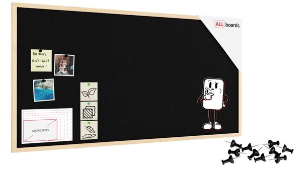 Textilní (plstěná) tabule 120 × 60 cm, černá, v lakovaném dřevěném rámu, TFBLACK126BK