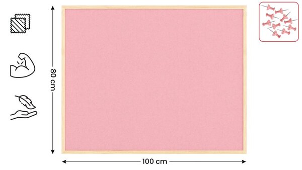 Textilní (plstěná) tabule 100 × 80 cm, růžová, v lakovaném dřevěném rámu, TFPINK108P