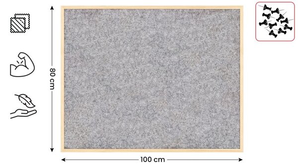 Textilní (plstěná) tabule 100 × 80 cm, světlé šedá, v lakovaném dřevěném rámu, TFLIGHTG108G