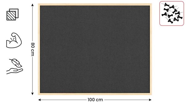 Textilní (plstěná) tabule 100 × 80 cm, šedá, v lakovaném dřevěném rámu, TFGREY108G