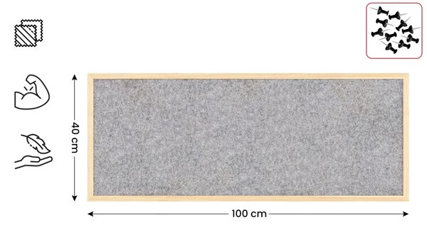 Textilní (plstěná) tabule 100 × 40 cm, světle šedá, v lakovaném dřevěném rámu, TFLIGHTG104G