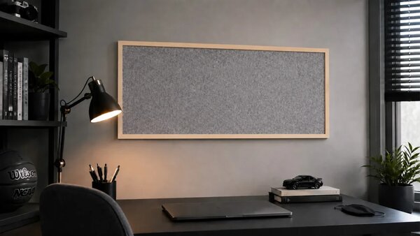 Textilní (plstěná) tabule 100 × 40 cm, světle šedá, v lakovaném dřevěném rámu, TFLIGHTG104G