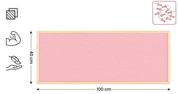 Textilní (plstěná) tabule 100 × 40 cm, růžová, v lakovaném dřevěném rámu, TFPINK104P