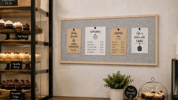 Textilní (plstěná) tabule 100 × 40 cm, světle šedá, v lakovaném dřevěném rámu, TFLIGHTG104G