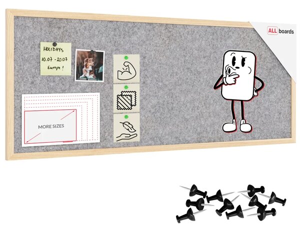 Textilní (plstěná) tabule 100 × 40 cm, světle šedá, v lakovaném dřevěném rámu, TFLIGHTG104G