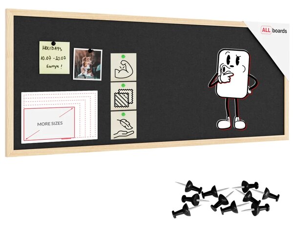 Textilní (plstěná) tabule 100 × 40 cm, šedá, v lakovaném dřevěném rámu, TFGREY104G