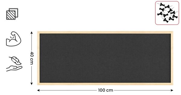 Textilní (plstěná) tabule 100 × 40 cm, šedá, v lakovaném dřevěném rámu, TFGREY104G