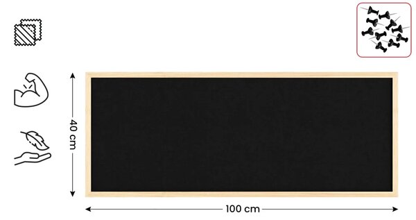 Textilní (plstěná) tabule 100 × 40 cm, černá, v lakovaném dřevěném rámu, TFBLACK104BK