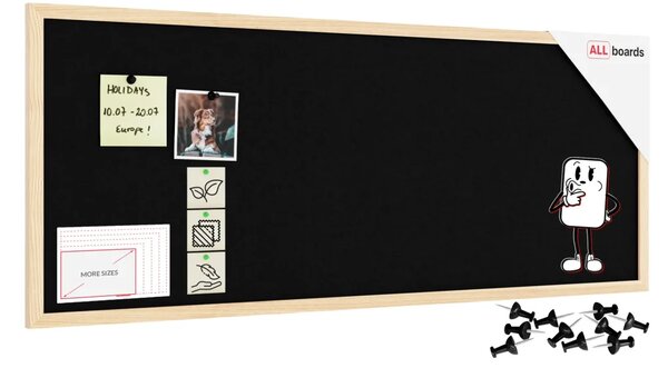 Textilní (plstěná) tabule 100 × 40 cm, černá, v lakovaném dřevěném rámu, TFBLACK104BK