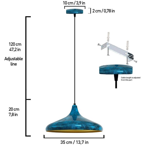 ROYALTECH Závěsné svítidlo Claus, modrá/zlatá, Ø 35 cm, kov, E27, stmívatelný, Obývací pokoj / jídelna, kov