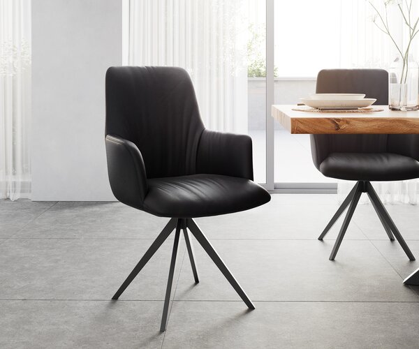 DELIFE Otočná židle Willa-Flex s područkami pravá kůže černá Křížová podnož hranatá černá 180° otočná
