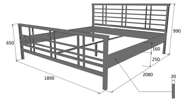 Česká Kovová postel BARS Barevne provedení: stříbrná RAL 9006, Rozměr: 80 x 200 cm