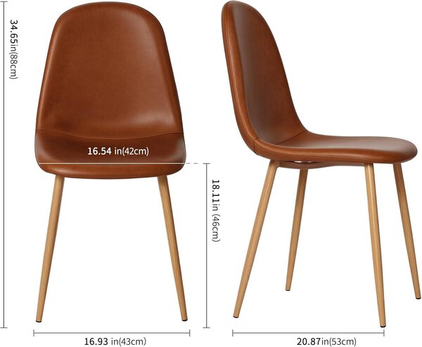 Sada dvou jídelních židlí, ergonomický design, hnědé, omyvatelné polštáře z umělé kůže (PU), kovové nohy, vhodné do kuchyně i jídelny