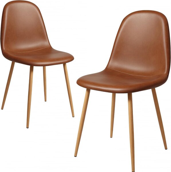 Sada dvou jídelních židlí, ergonomický design, hnědé, omyvatelné polštáře z umělé kůže (PU), kovové nohy, vhodné do kuchyně i jídelny