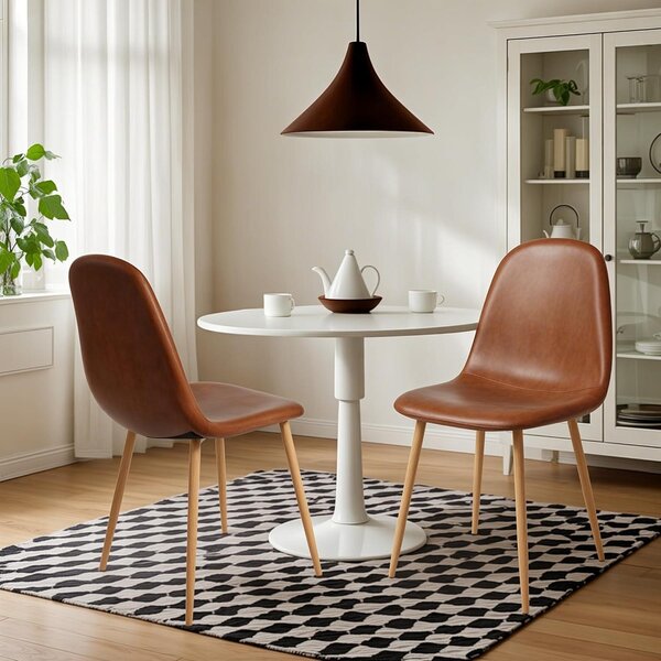 Sada dvou jídelních židlí, ergonomický design, hnědé, omyvatelné polštáře z umělé kůže (PU), kovové nohy, vhodné do kuchyně i jídelny