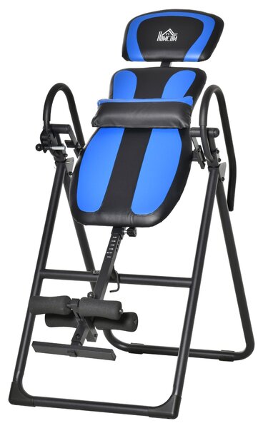 HOMCOM skládací inverzní lavice s gravitací a dvěma pohyblivými kolečky, nastavitelným zadním polstrem, kovová ABS, Černá+Modrá 132 x 71 x 145 cm | Ao