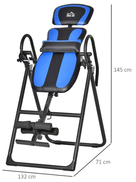 HOMCOM skládací inverzní lavice s gravitací a dvěma pohyblivými kolečky, nastavitelným zadním polstrem, kovová ABS, Černá+Modrá 132 x 71 x 145 cm | Ao