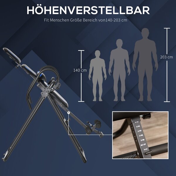 HOMCOM skládací inverzní lavice s gravitací a dvěma pohyblivými kolečky, nastavitelným zadním polstrem, kovová ABS, Černá+Modrá 132 x 71 x 145 cm | Ao