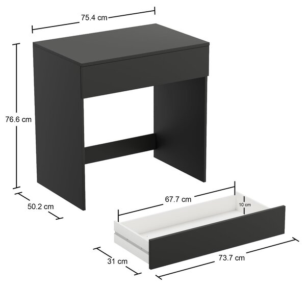 Psací stůl s zásuvkou a toaletním stolkem, výška 75 cm, černý, multifunkční, vhodný do ložnice