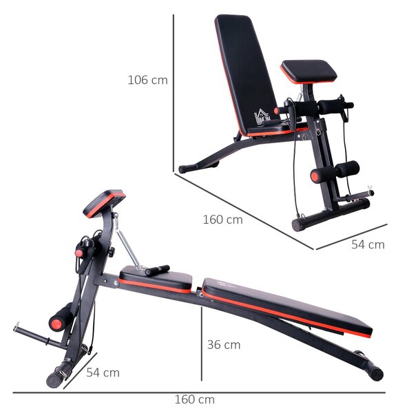 Skládací lavička HOMCOM pro cvičení - víceúčelová fitness lavička se 7-polohovým nastavitelným opěradlem a tréninkovou stahovací mašinou pro břišní sv