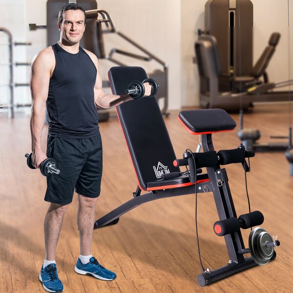 Skládací lavička HOMCOM pro cvičení - víceúčelová fitness lavička se 7-polohovým nastavitelným opěradlem a tréninkovou stahovací mašinou pro břišní sv