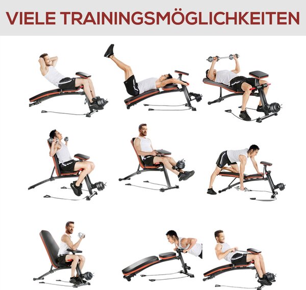 Skládací lavička HOMCOM pro cvičení - víceúčelová fitness lavička se 7-polohovým nastavitelným opěradlem a tréninkovou stahovací mašinou pro břišní sv