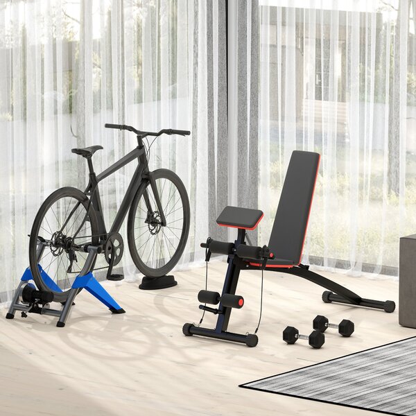 Skládací lavička HOMCOM pro cvičení - víceúčelová fitness lavička se 7-polohovým nastavitelným opěradlem a tréninkovou stahovací mašinou pro břišní sv