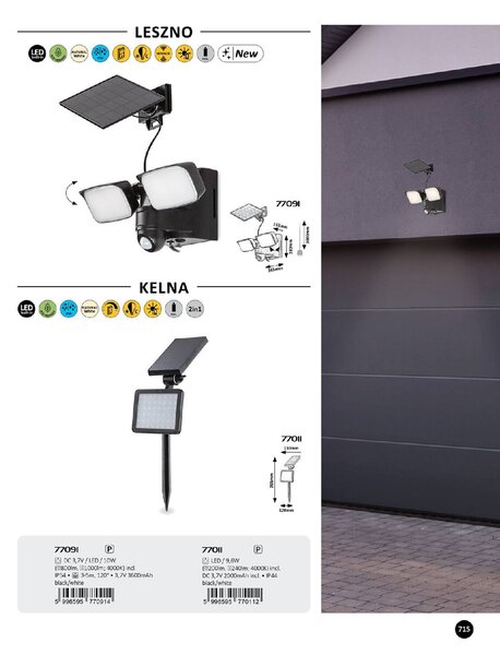 77091 Leszno venkovní svítidlo solární LED 10W, 800lm, 4000K, IP54, senzor, černá