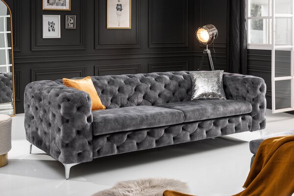 Pohovka MODERN BAROCCO 240 CM tmavě šedá samet Nábytek | Obývací pokoj | Sedací soupravy a pohovky | Pohovky | Pevné