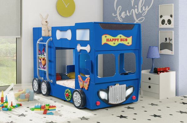 Dětská patrová postel Happy Bus modrý 190x90cm