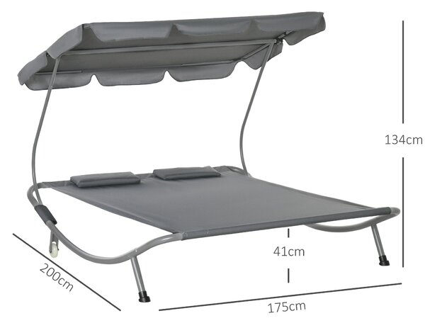 Outsunny Dvoulůžkový Sluneční Ležák se Stříškou - Zahradní Křeslo s Polštáři - Voděodolná a UV-odolná - Nosnost do 220kg pro Zahradu a Balkon, Šedá |