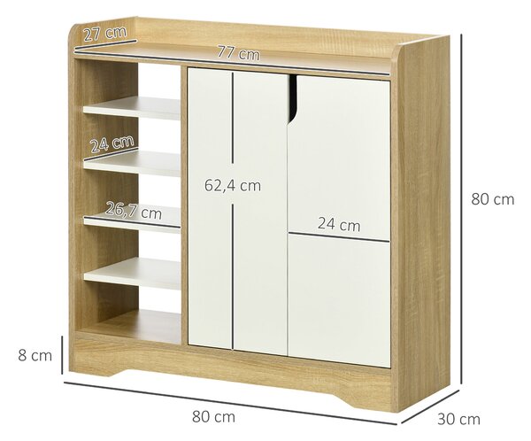 HOMCOM Moderní obuvník Úzký regál na boty se 2 dveřmi a úložnými policemi pro 13 párů bot do předsíně 80x30x80 cm Přírodní a bílá | Aosom