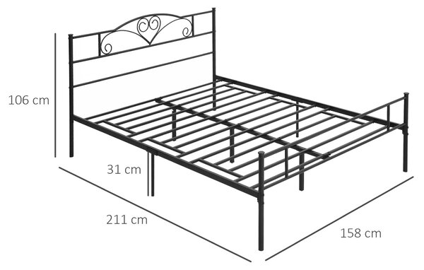 HOMCOM Kovový Dvoulůžkový Rám na Postel pro Matrace 150x200 cm s Hlavovou a Nohovou částí, Struktura s Úložným Prostorem pod Postelí 158x211x106 cm Če