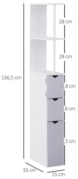 HOMCOM Moderní koupelnový sloupek – úložná skříňka s 2 policemi, 2 šuplíky a 1 protiskluzovými dvířky 15x33x136,5 cm Bílá | Aosom