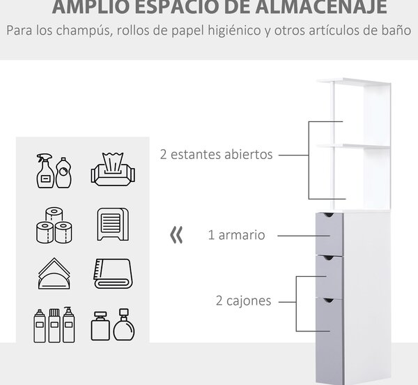 HOMCOM Moderní koupelnový sloupek – úložná skříňka s 2 policemi, 2 šuplíky a 1 protiskluzovými dvířky 15x33x136,5 cm Bílá | Aosom
