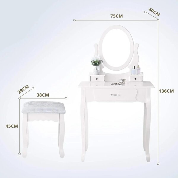 Toaletní stolek s zrcadlem, bílý – s malým stoličkem – 3 zásuvky – dřevo – minimalistický, moderní design