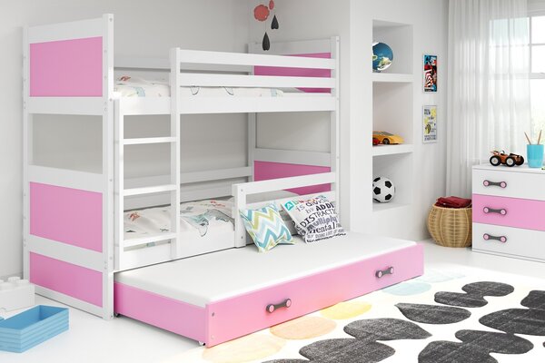 Dětská patrová postel Bohumír - 3 osoby, 80x160 s výsuvnou přistýlkou – Bílá, Růžová