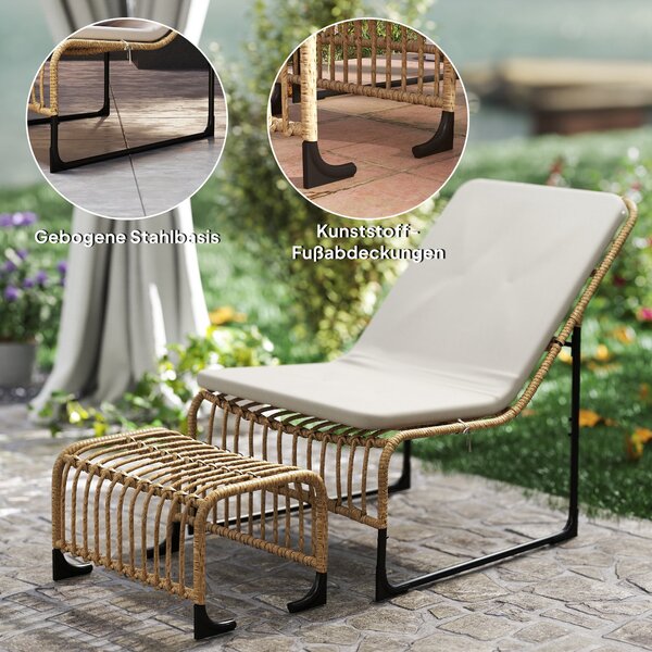 Ratanová relaxační židle Outsunny s podnožkou, UV odolná zahradní židle s poutky na polštář, venkovní ratanová židle pro zahradu, balkon, terasu z pří