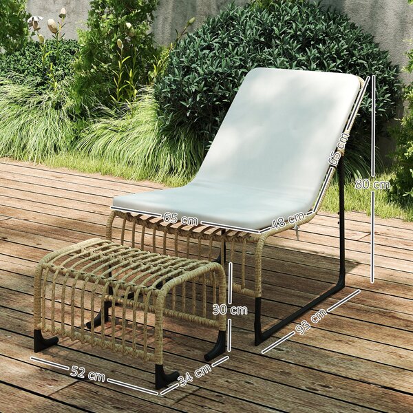 Ratanová relaxační židle Outsunny s podnožkou, UV odolná zahradní židle s poutky na polštář, venkovní ratanová židle pro zahradu, balkon, terasu z pří
