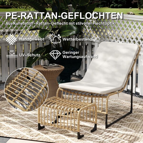 Ratanová relaxační židle Outsunny s podnožkou, UV odolná zahradní židle s poutky na polštář, venkovní ratanová židle pro zahradu, balkon, terasu z pří