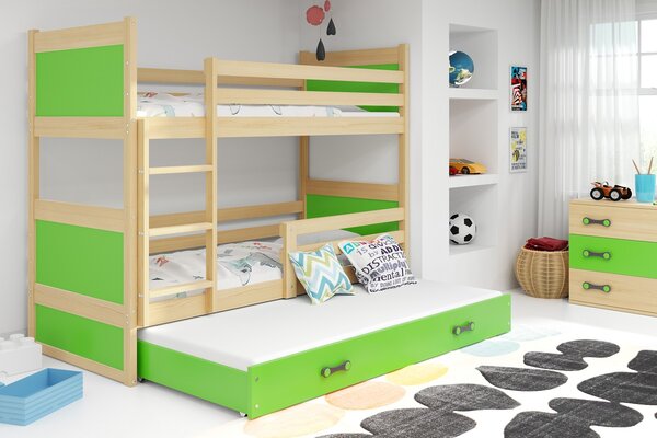 Dětská patrová postel Bohumír - 3 osoby, 80x190 s výsuvnou přistýlkou – Borovice, Zelená