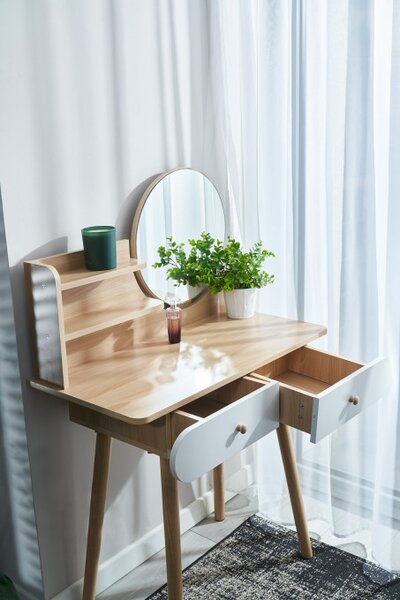 Toaletní stolek SCANDI se zrcadlem naturální / bílý