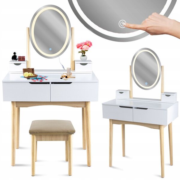 Toaletní stolek GLAM s LED zrcadlem bílý / naturální, béžová taburetka
